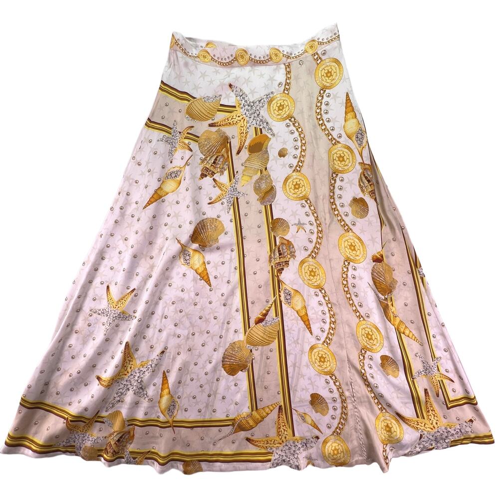 GUESS Dora Satin Maxi Skirt M Gold Seashell Starfish Chain Scarf Print Resort